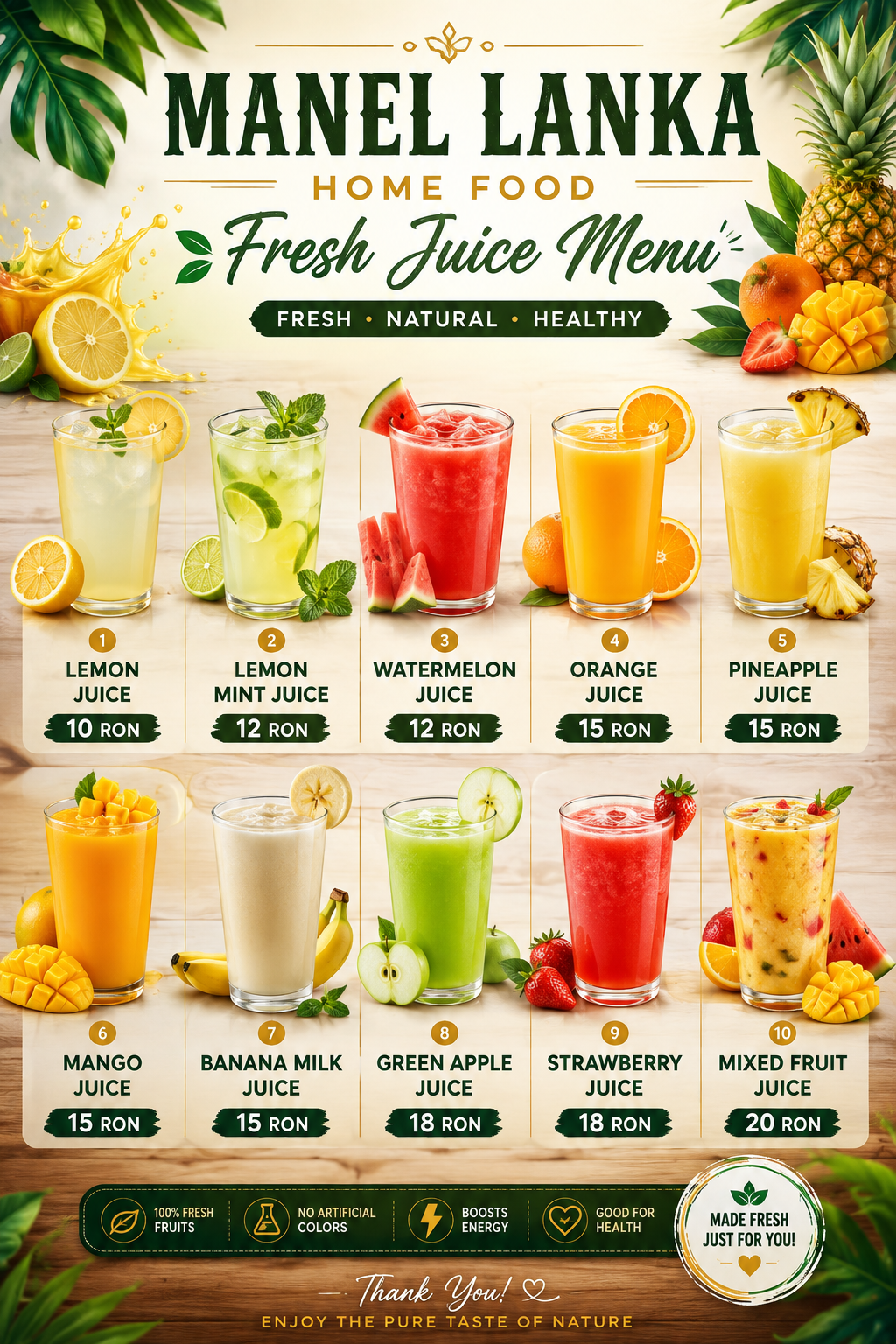 Manel Lanka fresh juice menu with prices