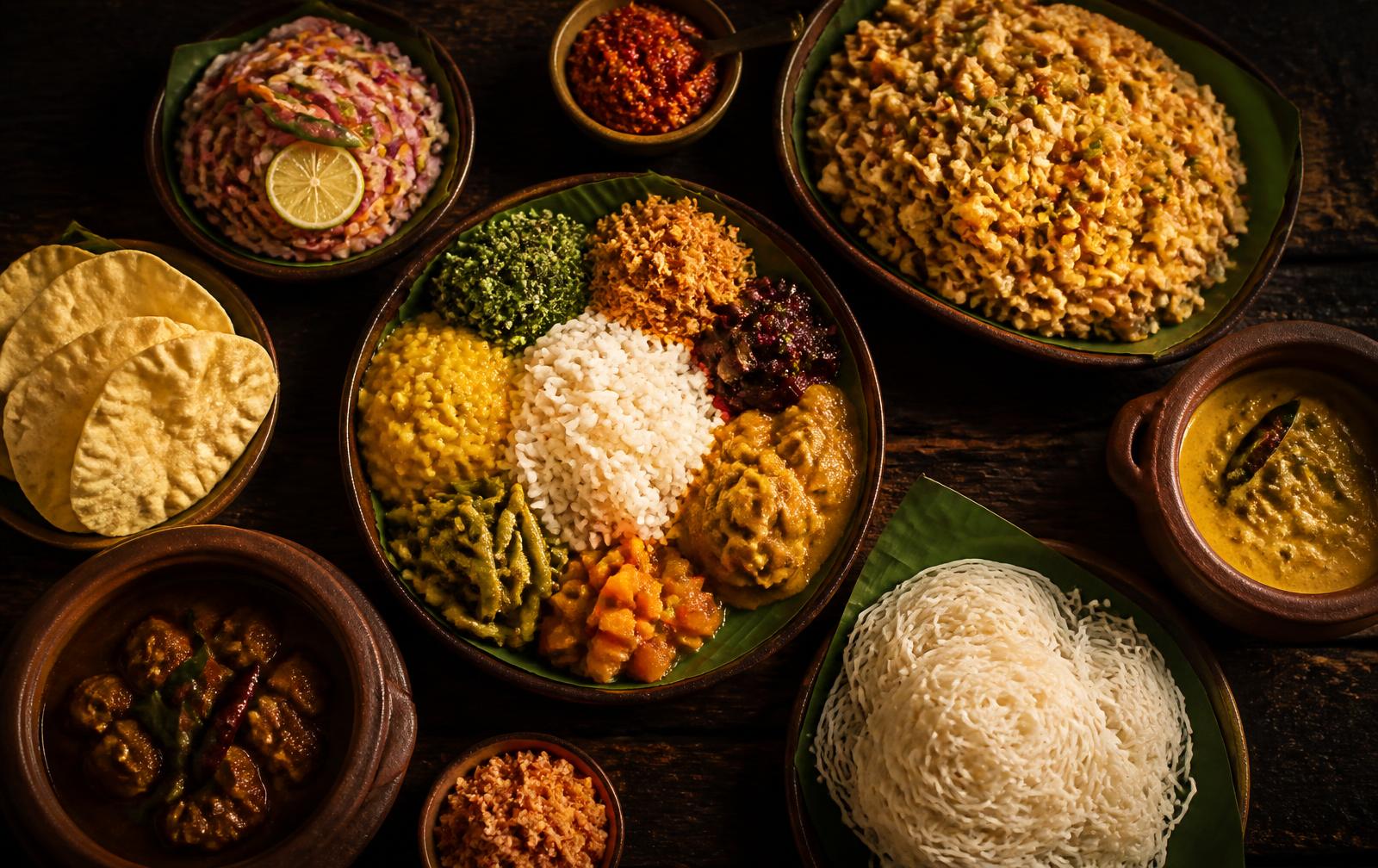 Sri Lankan feast with rice and curry, string hoppers and sambol